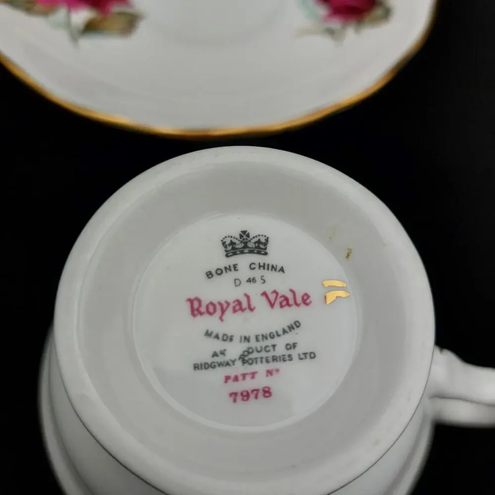 Vintage Royal Vale Teacup Saucer Set Red Rose Bone China Gold Trim England Fine